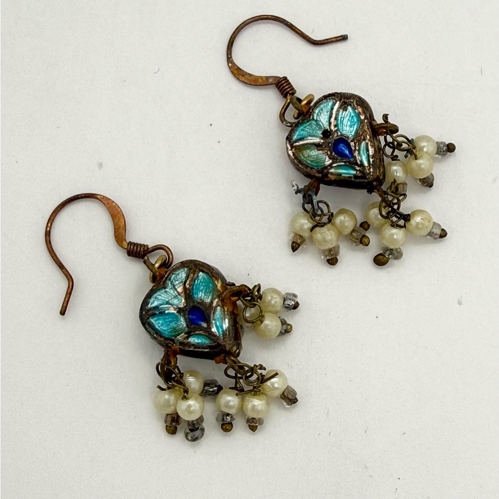 Vintage Antique Guilloché French Enamel Pearl Dangle Sweet Heart Earrings 2 side